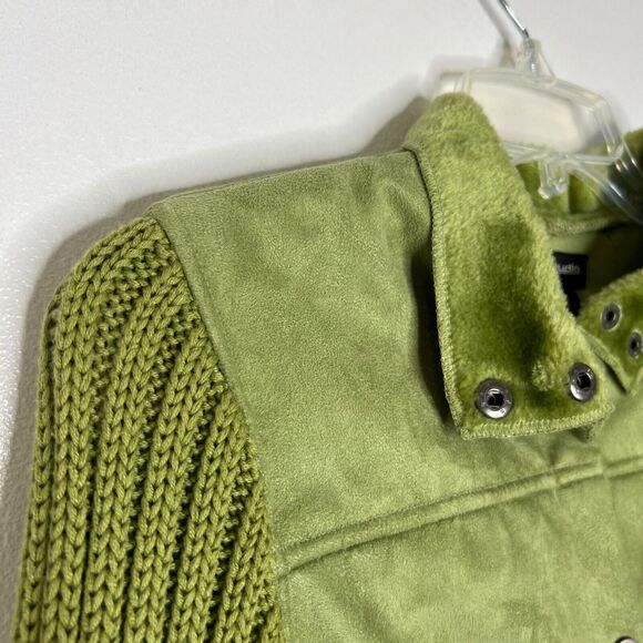 E Studio Y2K 90s Olive Green Jacket Women's S Faux Suede Knit Sleeve Snap - Picture 3 of 10